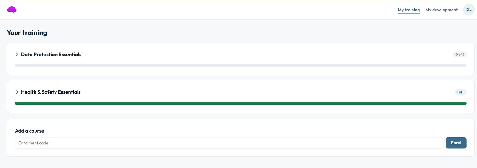 The Airbrain LMS learner screen, listing two enrolled courses with progress bars and an enrolment code field