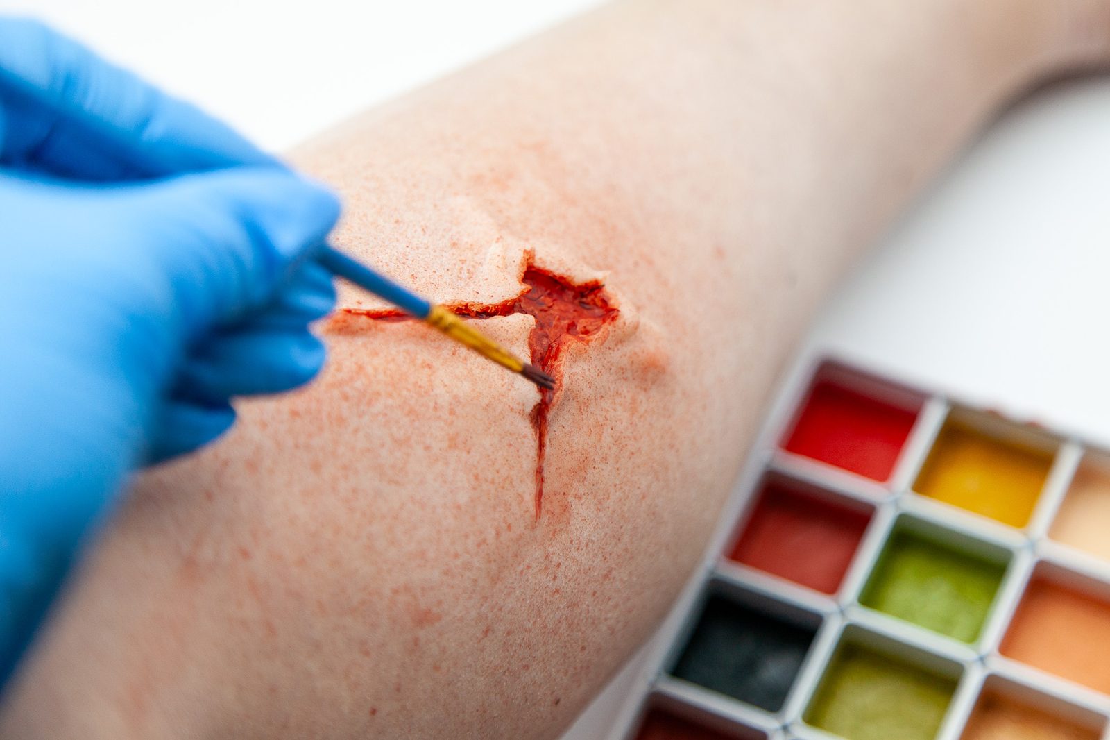 Colour worked into a laceration moulage on a forearm with a fine brush, a palette of colours alongside