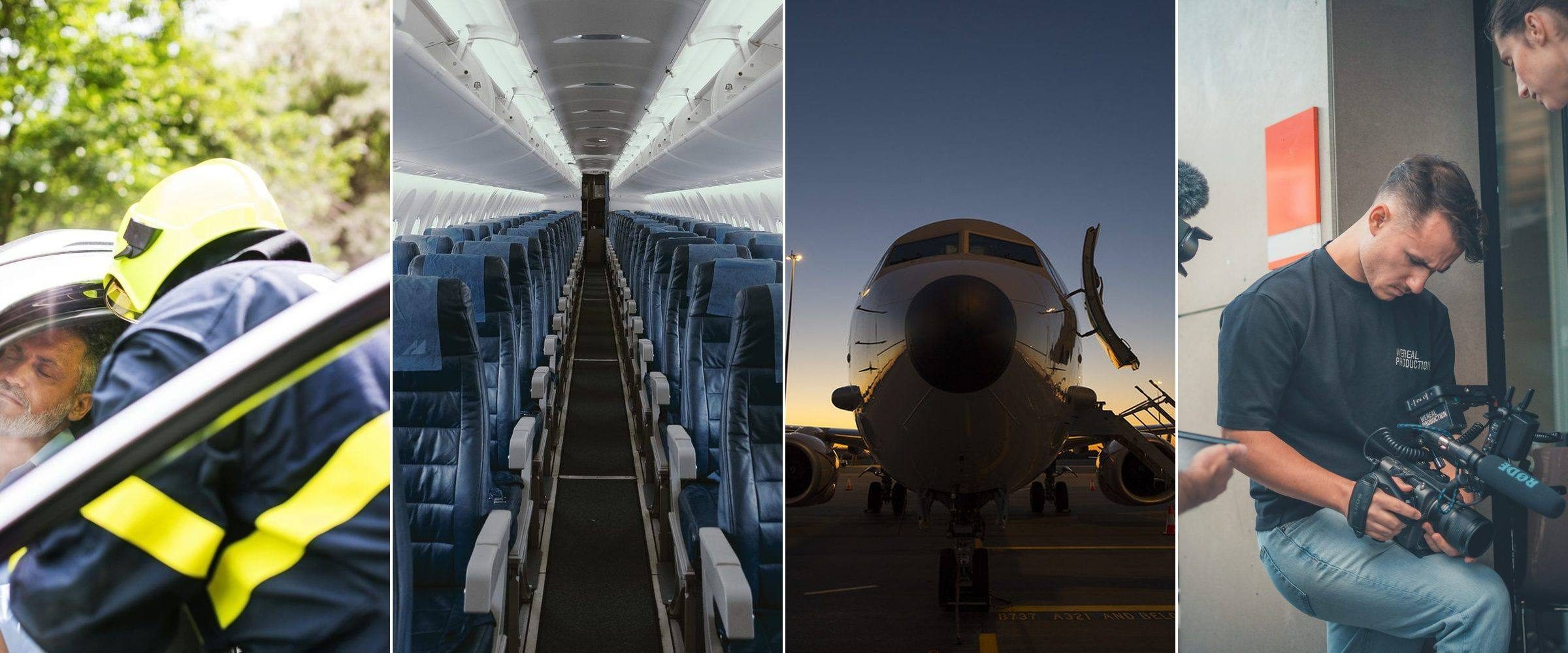The four services in one strip: fire crew at a vehicle, an aircraft cabin, an aircraft nose at dusk, and a film crew on location