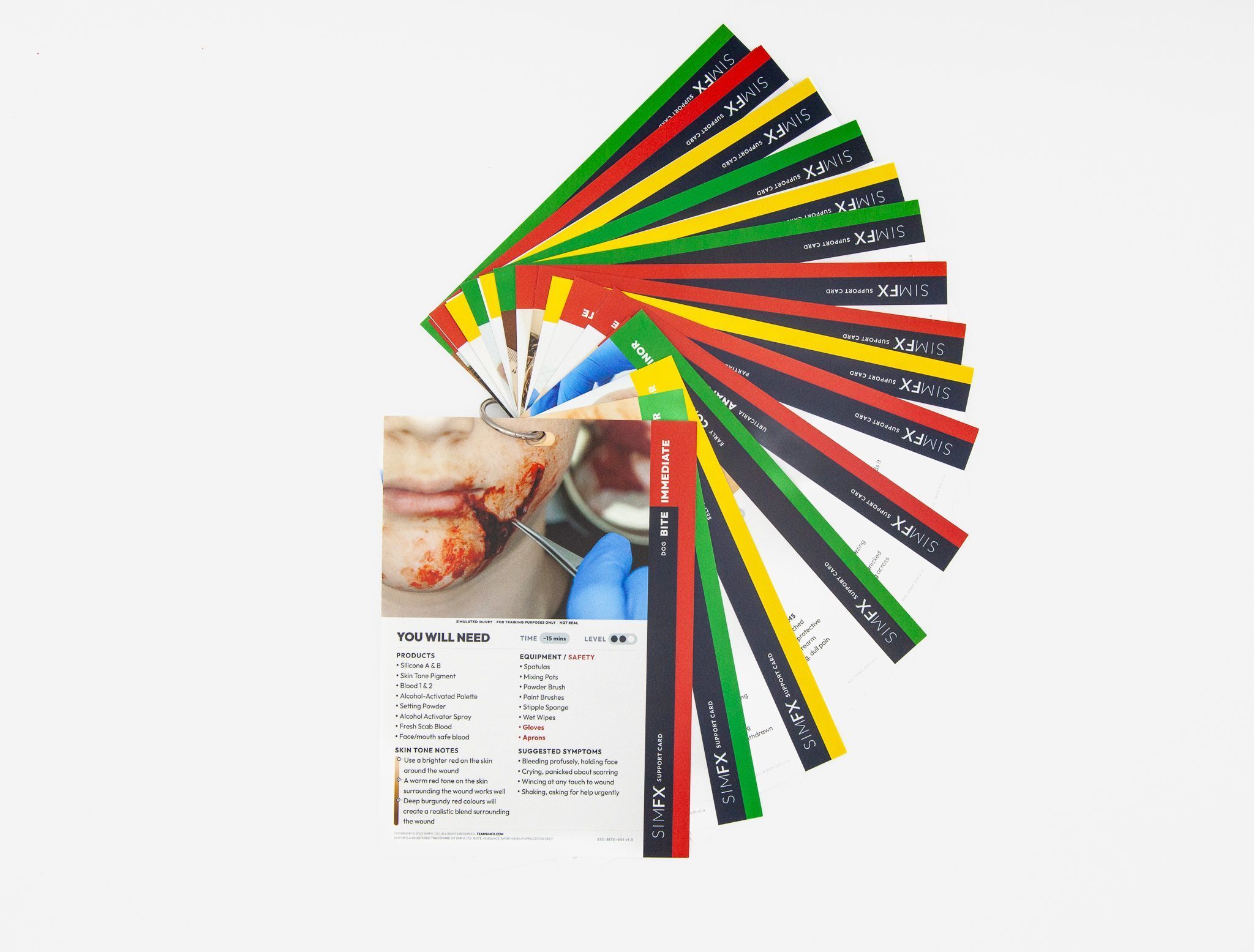 A fan of SIMFX Support Cards colour-coded red, yellow and green by triage severity, the dog bite card on top showing its kit list and suggested symptoms